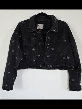 Stoosh Black Cropped Denim Jacket with White Embroidered Bows